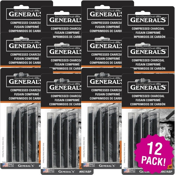 Multipack of 12 - Compressed Charcoal Sticks 4/Pkg-Black - 2B, 4B & 6B