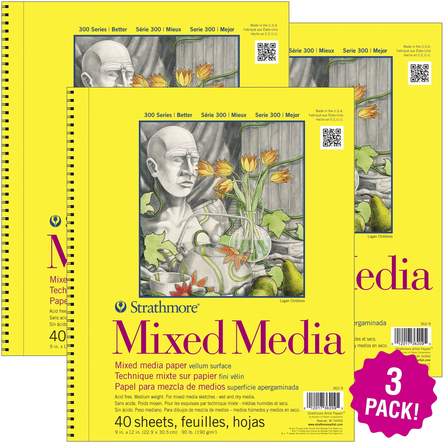 Multipack of 3 - Strathmore Mixed Media Vellum Spiral Paper Pad 9X12-40  Sheets 