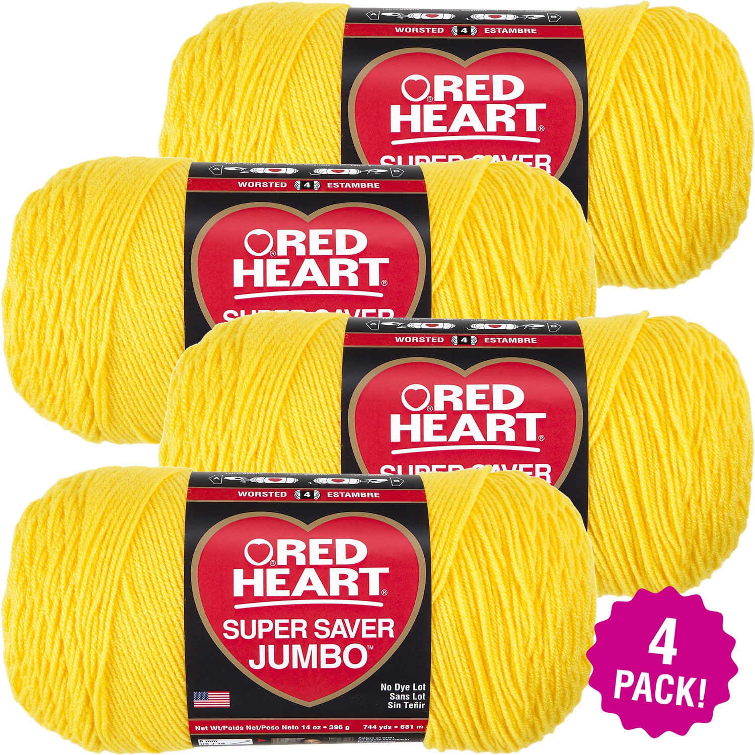 Multipack of 4 - Red Heart Super Saver Jumbo Yarn-Bright Yellow