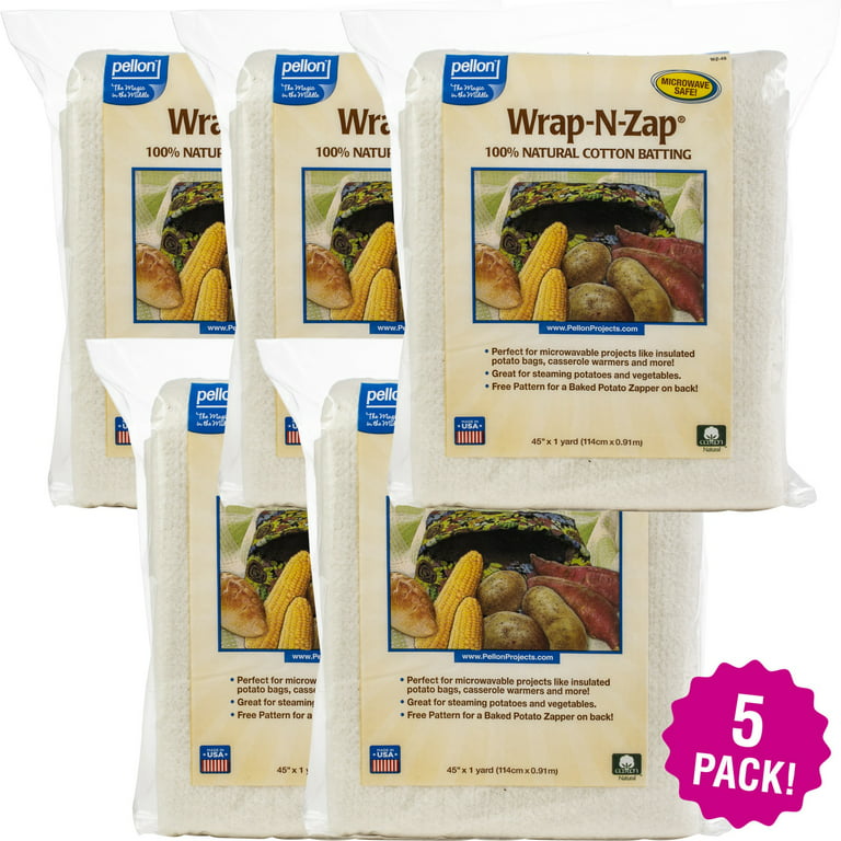 Multipack of 5 - Pellon Wrap-N-Zap 100% Natural Cotton Batting-45X36 