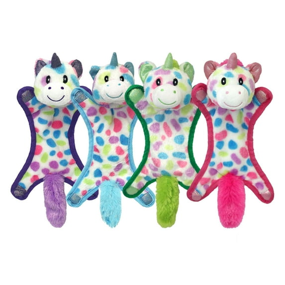 Multipet Ball-Head Unicorn, Plush Dog Toy with Squeaker, Crinkle and Rubber Ball, Assorted Colors, 10 inches