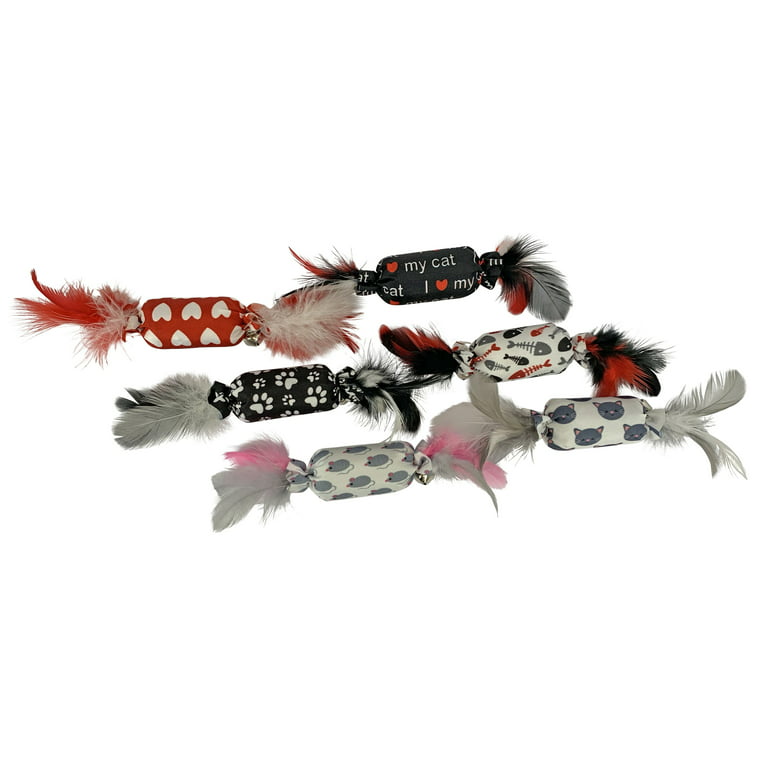 Multipet Candy-Shaped Plush Cat Toy with Feathers, Crinkle and Catnip, Cat  Face Print Pattern