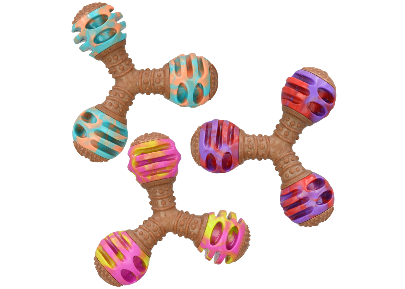 Multipet Giggle Chew Triple Dumbbell Dog Toy, 6.4", Assorted Colors