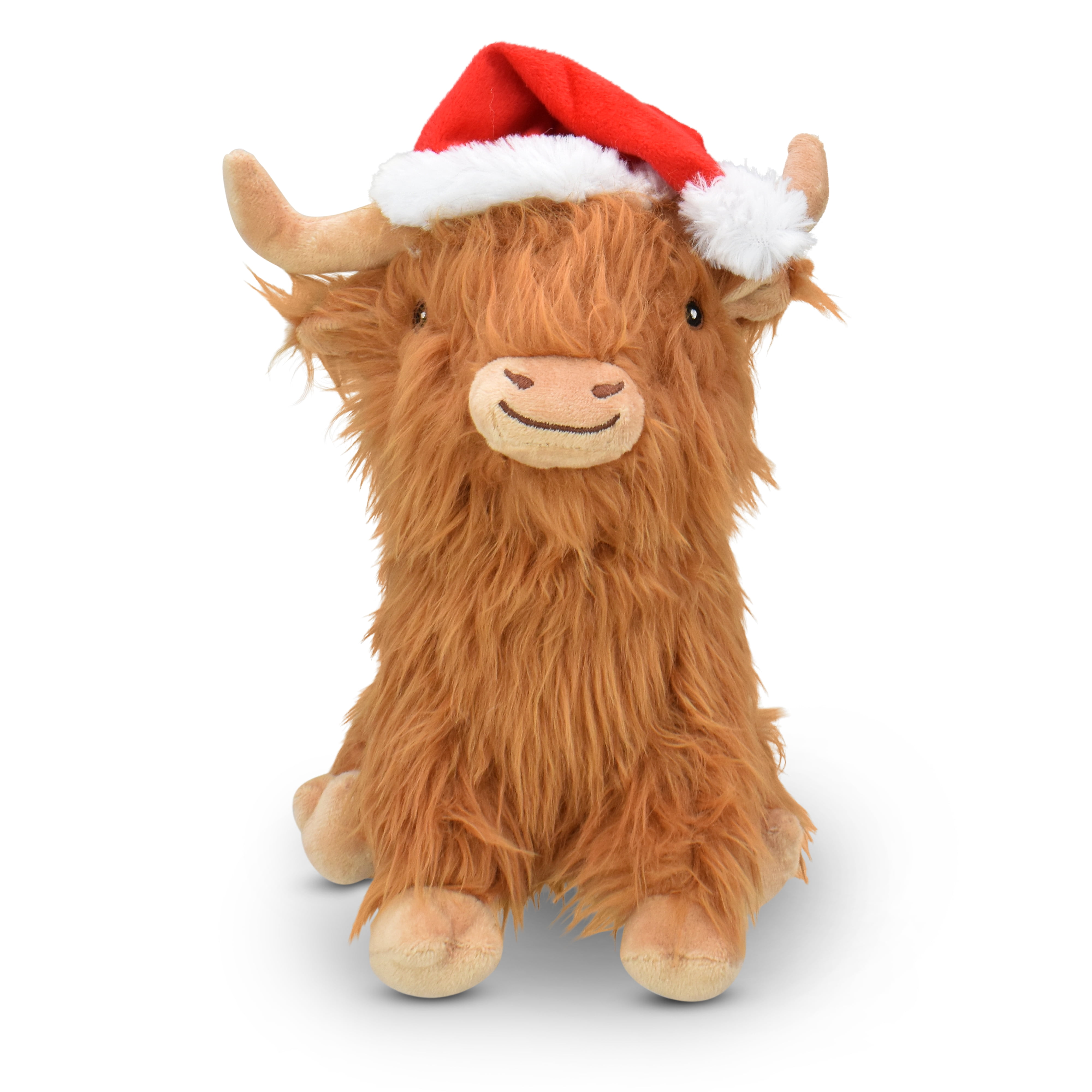 Multipet Holiday Plush Highland Cow Christmas Dog Toy with Santa Hat that Squeaks