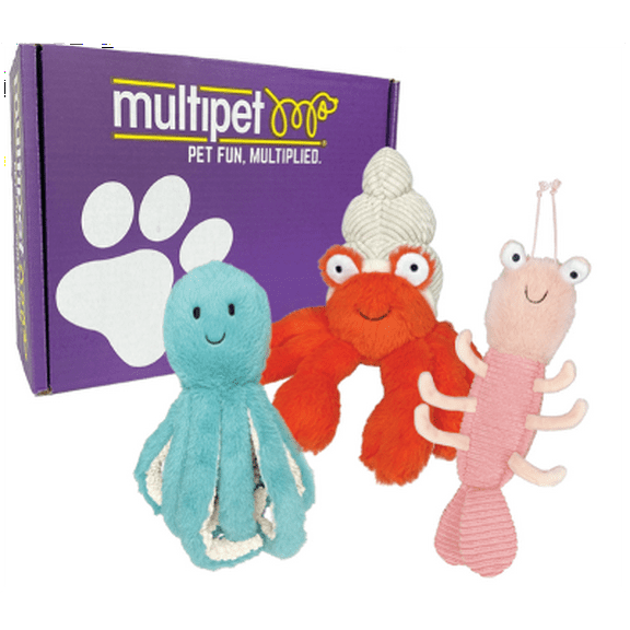 Multipet Margaritaville Coral Reefers Plush Dog Toy Box, 3 Pieces, Shrimp, Hermit Crab and Octopus