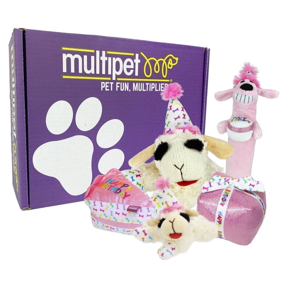 Multipet Pink Birthday Dog Toy Gift Box includes 5 Plush Birthday Dog Toys
