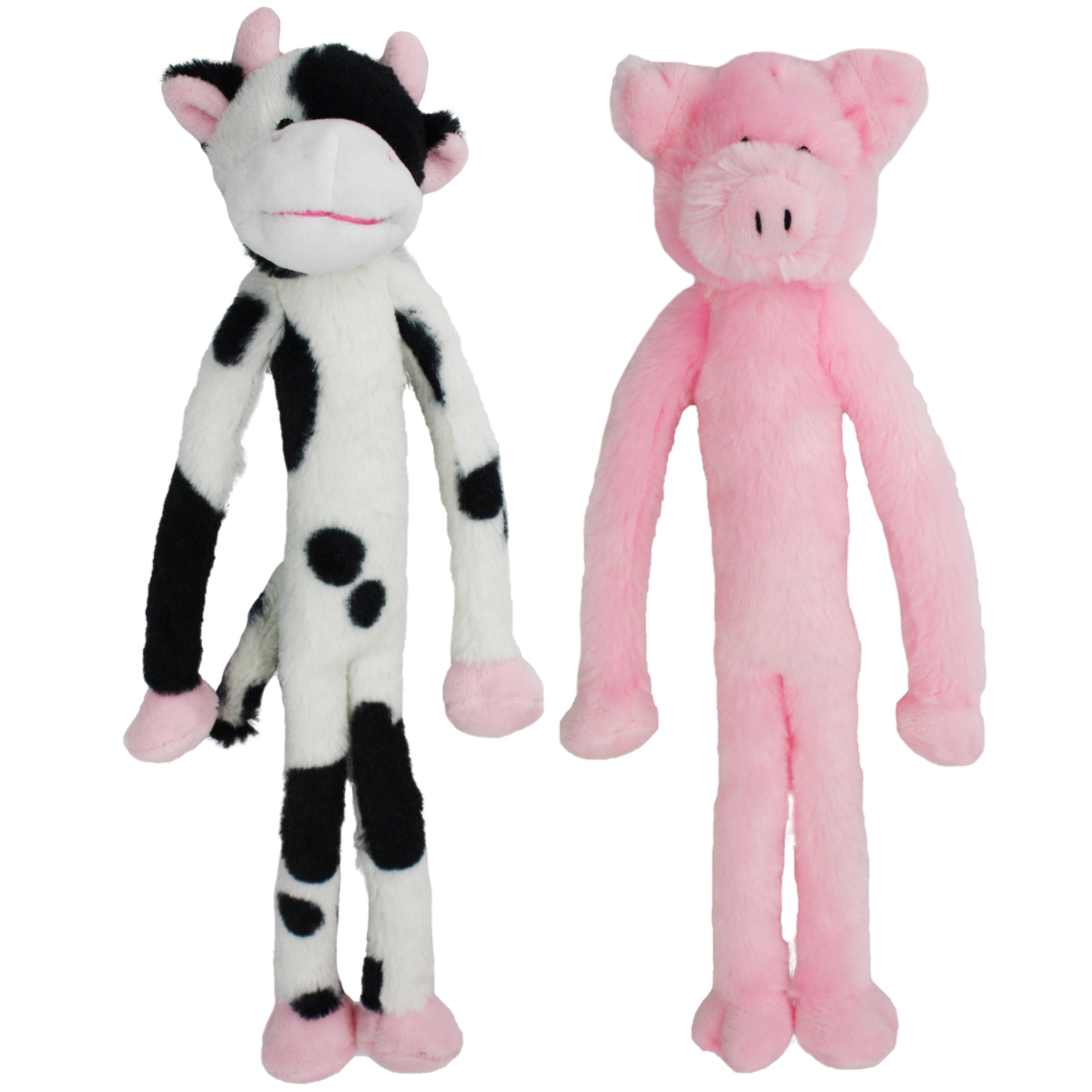 Multipet Plush Dangle Animals, 2 Pack, Plush Dog Toy, Cow and Pig with Squeaker