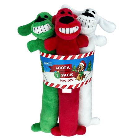 Multipet Plush Holiday Loofa Dog Toy, Stuffing & Squeaker, 3 pk with Red, Green & White, 12" Each