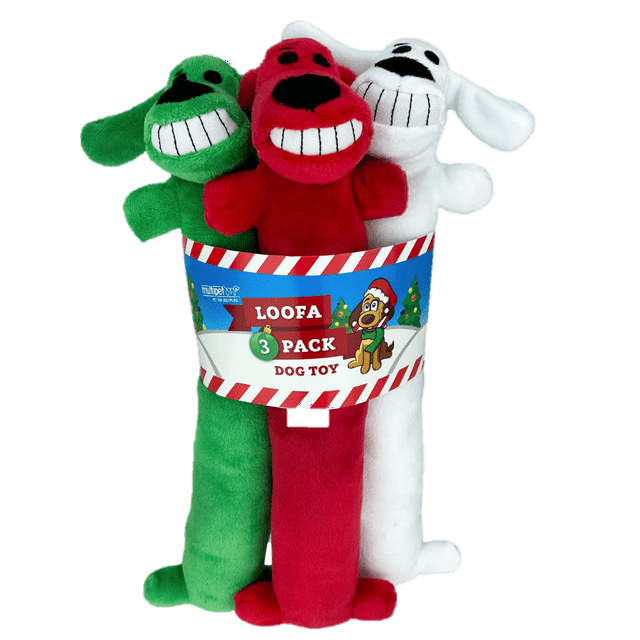 Multipet Plush Holiday Loofa Dog Toy, Stuffing & Squeaker, 3 pk with