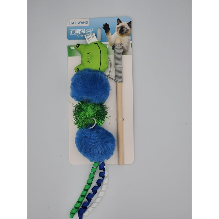 Multipet Wand Cat Toy Frog with Ribbon 3ft long dangle toy with catnip in green