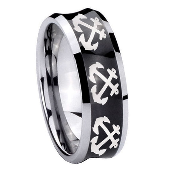 Multiple Anchor 8MM Concave Black Tungsten Men Ring