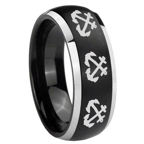 Multiple Anchor 8MM Dome Brush Black Silver Edges Tungsten Men Ring