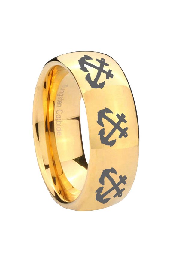Multiple Anchor Dome Gold Plated Tungsten Men Ring 10MM