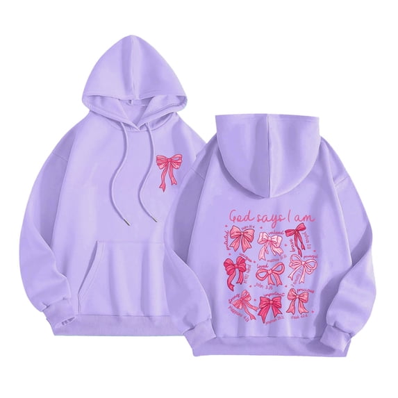 Multiple Bow Scripture Print Hoodie Women's Oversized Drawstring Pullover Sweatshirt for Fall Winter Casual Outfits