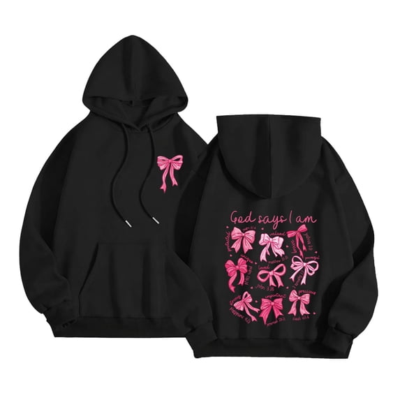 Multiple Bow Scripture Print Hoodie Women's Oversized Drawstring Pullover Sweatshirt for Fall Winter Casual Outfits