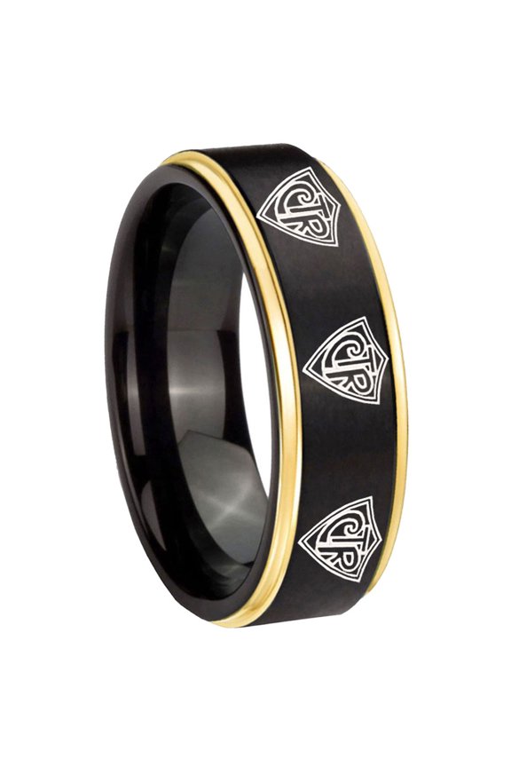 Multiple CTR Logo Step Edge Black And Gold Tungsten Men's Ring 10MM