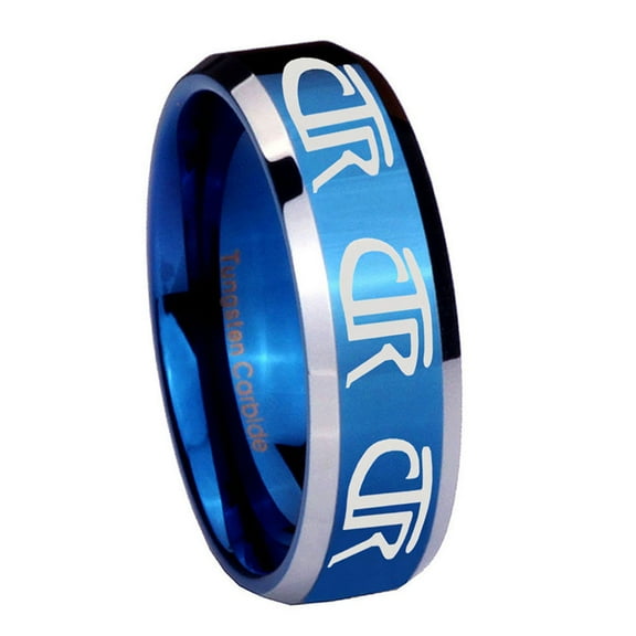 Tungsten Multiple CTR 8mm Blue Two Tone Polished Beveled Edges Men's Ring