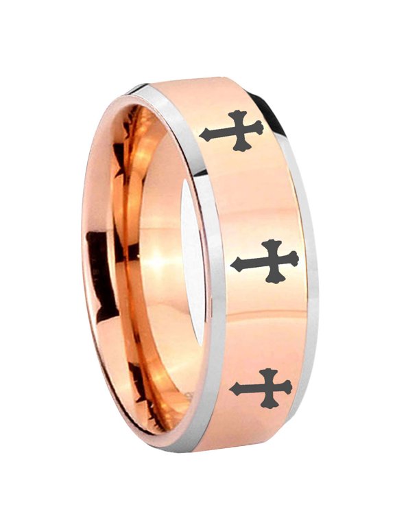 Multiple Christian Cross Beveled Rose Gold Tungsten Ring 10MM