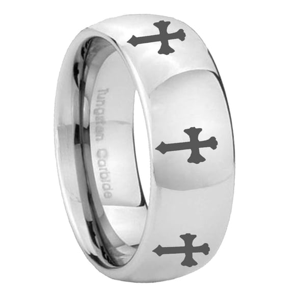 Multiple Christian Cross Gray High Polish Dome Tungsten Ring 10MM