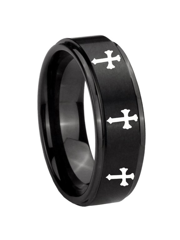 Multiple Christian Cross Step Edge Brush Black Tungsten Ring 10MM