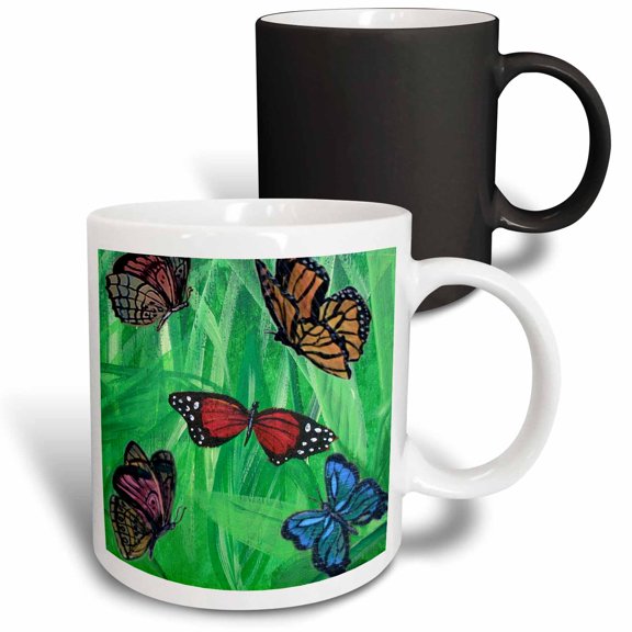 3drose, Multiple Colorful Butterflies with Green Grassy Background, 11oz Magic Transforming Mug
