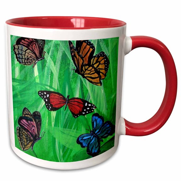 3drose, Multiple Colorful Butterflies with Green Grassy Background, 11oz Two-tone Red Mug