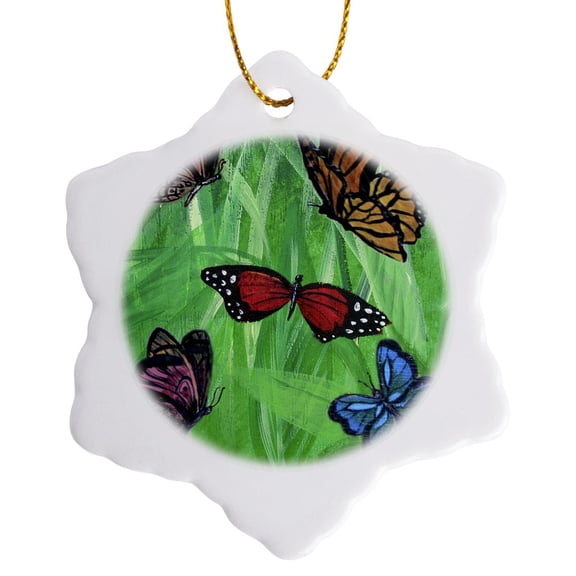 3drose, Multiple Colorful Butterflies with Green Grassy Background, 3 inch Snowflake Porcelain Ornament