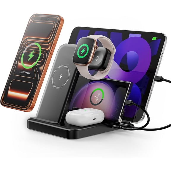 Multiple Devices Charging Station, 5-in-1 Station for iPhone 17 Pro Max/Pro/16/15/14/13/12, iPad Pro/Air/Mini, Watch and Airpods,Wireless Dock(G805) (Black)