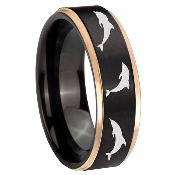 Multiple Dolphins 8MM Step Edge Black And Rose Gold Tungsten Men Ring