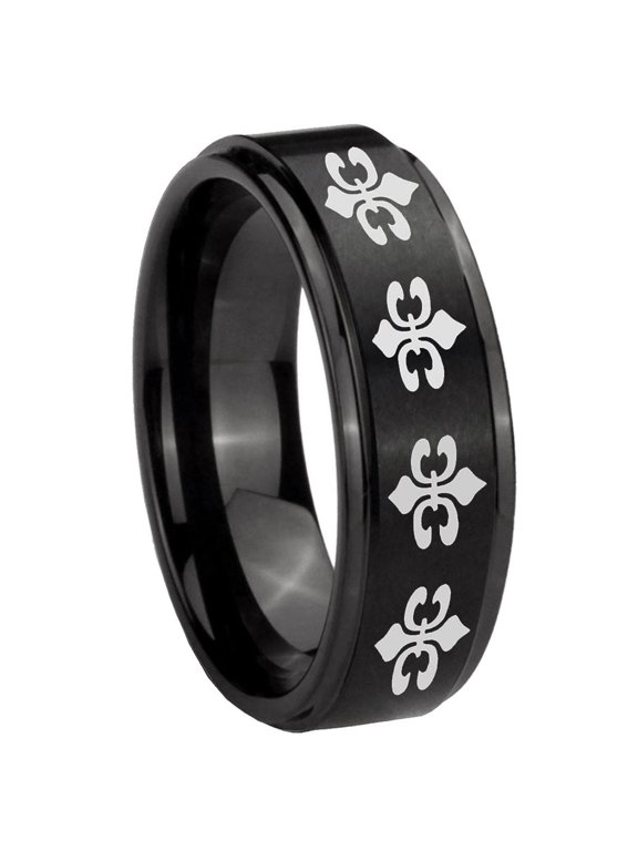 Multiple Fleur De Lis Step Edge Brush Black Tungsten Men Ring 10MM
