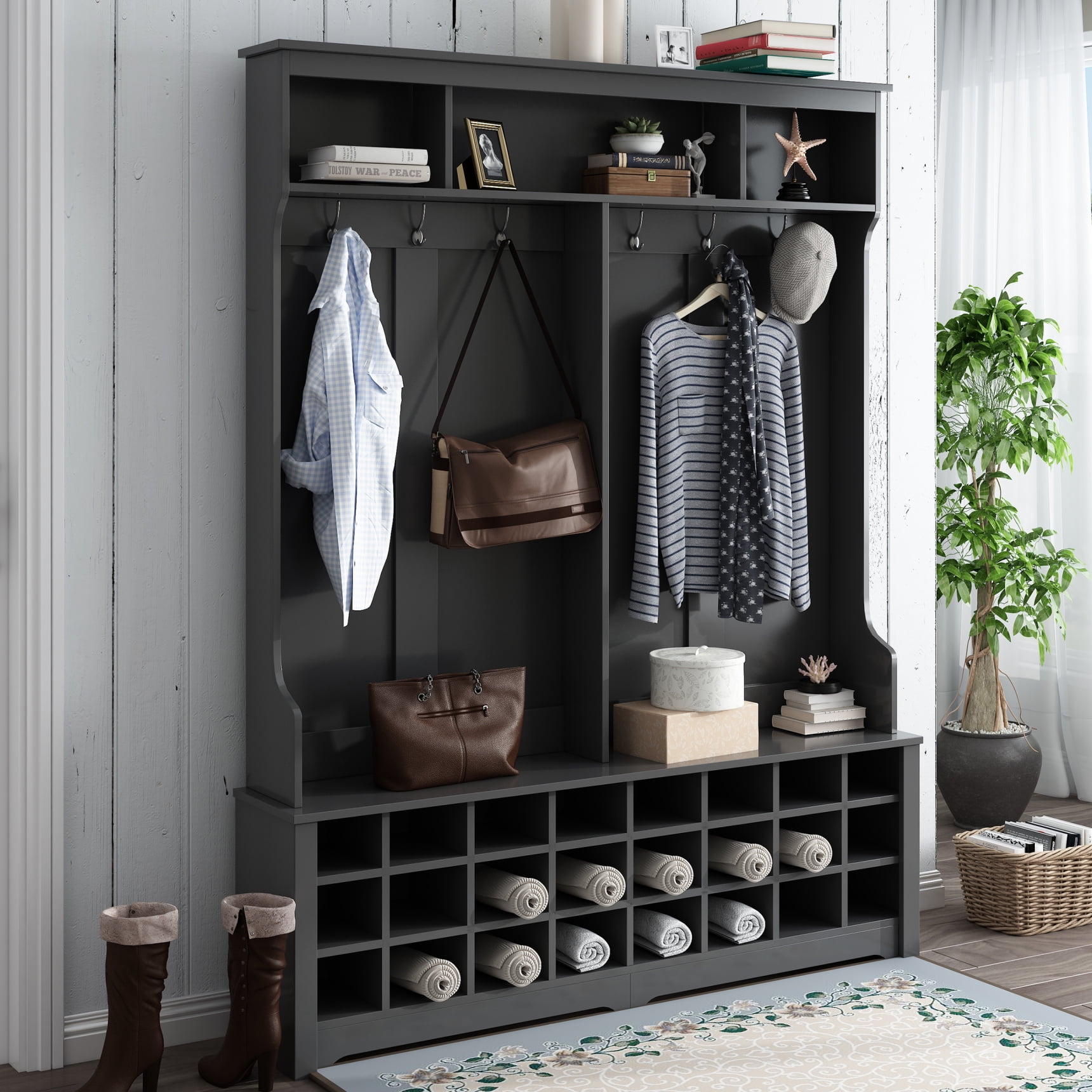 Multiple Functions Hallway Coat Rack with 6 Metal Black Hooks Wooden Stand Storage Organizer with Wide Bench and 24 Shoe Cubbies Modern Hall Tree
