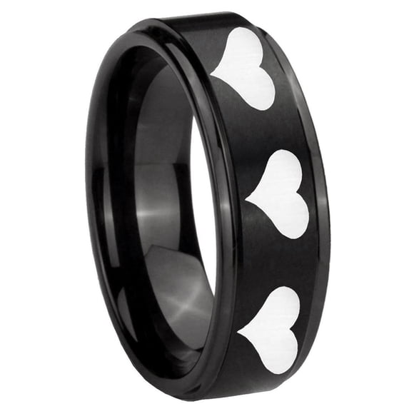 Multiple Heart 8MM Step Edge Brush Black Tungsten Men's Ring