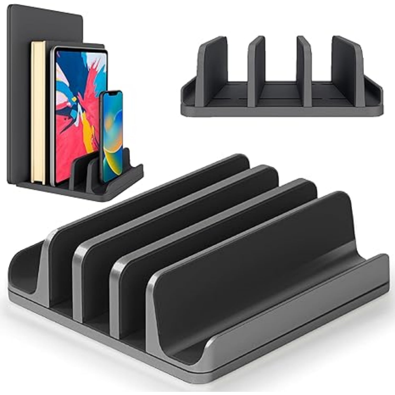 Multiple Laptop Holder Vertical – Laptop Vertical Stand Holds 5 Devices, Fits All Laptops Tablets and Mobiles (up to 17.3”). Closed Upright Vertical Laptop Stand for Desk