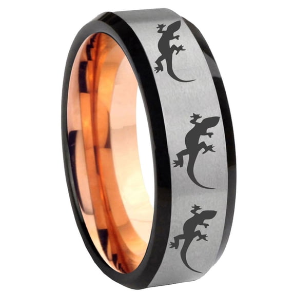 Multiple Lizard 8MM Beveled Edge Gray And Rose Gold Tungsten Ring