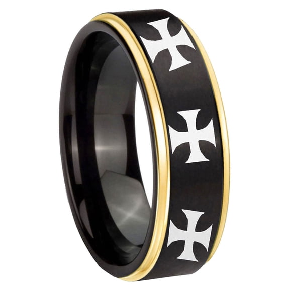 Multiple Maltese Cross Step Edge Black And Gold Tungsten Ring 10MM ...