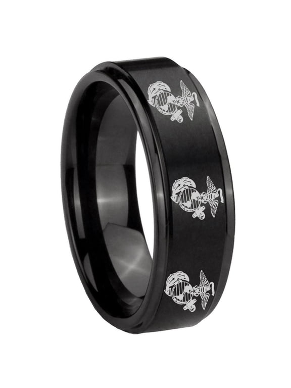 Multiple Marine Step Edge Brush Black Tungsten Men Ring 10MM