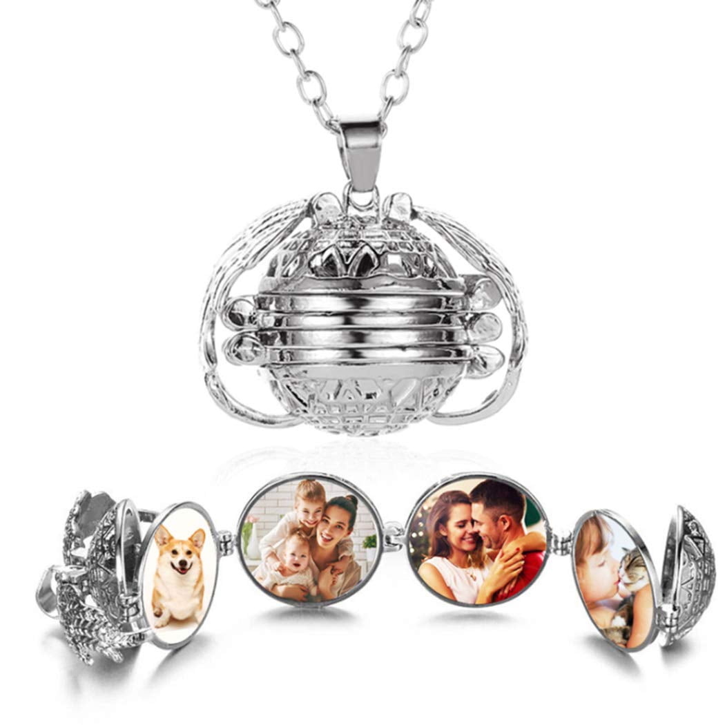 Multiple Photo Locket Necklaces Angel Wing Pendant Necklace Chain for Women  and Girls (Silver) 