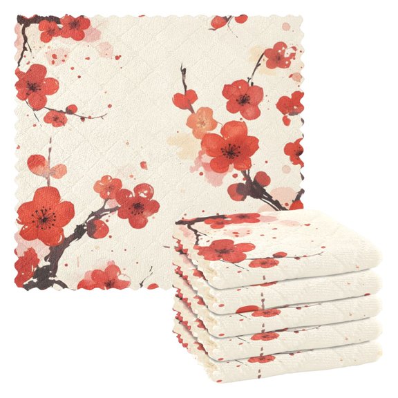 Multiple Plum Blossoms Kitchen Cloth Dish Towels for Drying Washing Absorbent Dish Rags Reusable soft kitchen dishcloth set 6 Pack