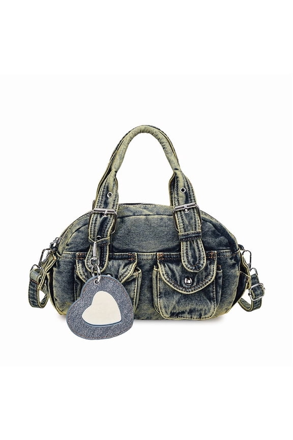 Multiple Pocket Distressed Motorcycle Handbag Handheld Shoulder Crossbody Bag American Retro Wash Denim Bucket Bag One of a kind purses in Black with Pendant for Leisure Travel