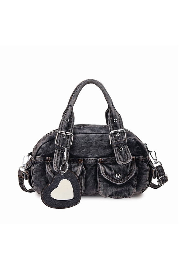 Multiple Pocket Distressed Motorcycle Handbag Handheld Shoulder Crossbody Bag American Retro Wash Denim Bucket Bag One of a kind purses in Black with Pendant for Leisure Travel
