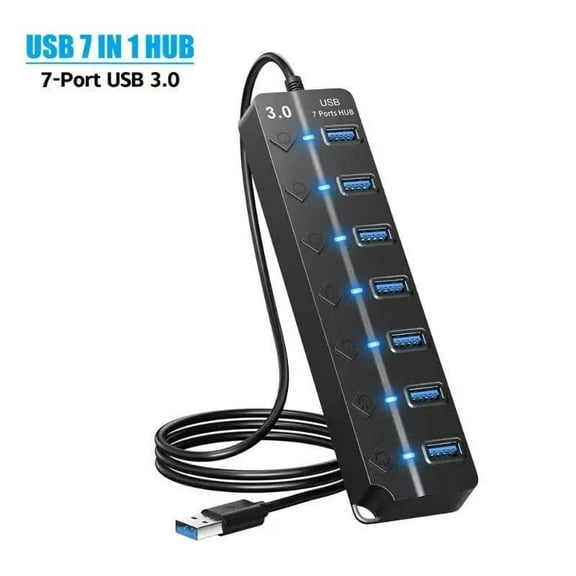 Multiple Ports 3.0 USB Hub Connector, 7 Ports USB Hub Splitter, Individual LED Power Controller & Indicator, Supercharge USB Connectivity with 120 CM Cable