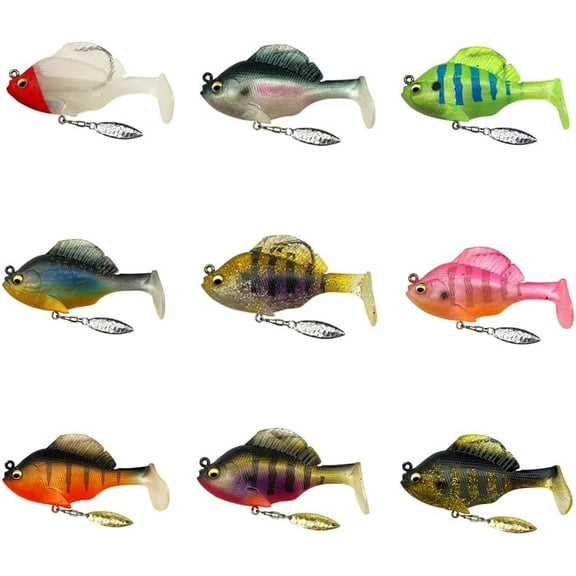Multiple Pre-Rigged Jig Head Soft Fishinglures, Bluegill Swimbait Fishing Lures Kit with Hidden Ultra-Sharp Hook, Freshwater and Saltwater Blade Bait for Bass Fishing, Freshwater(9pc)