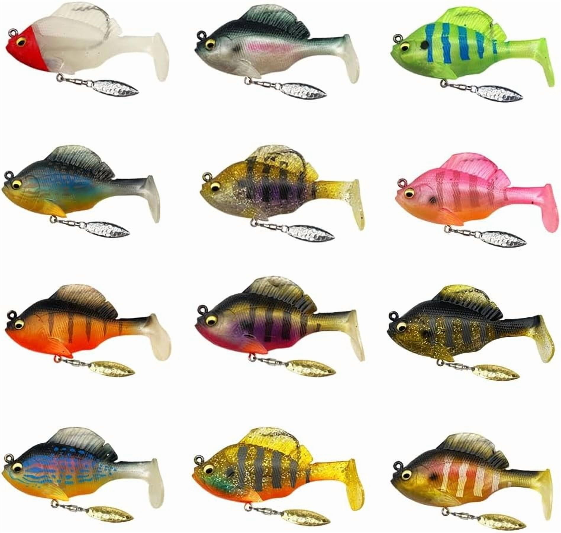 Multiple Pre-Rigged Jig Head Soft Fishinglures, Bluegill Swimbait Fishing Lures Kit with Hidden Ultra-Sharp Hook, Freshwater and Saltwater Blade Bait for Bass Fishing, Freshwater(12pc)