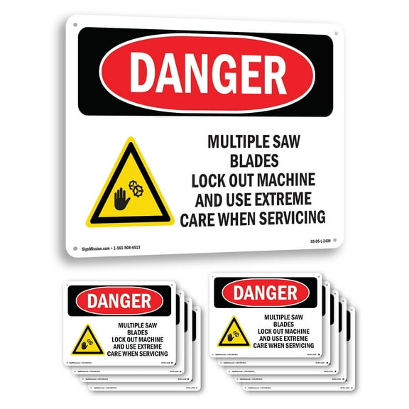 Multiple Saw Blades Lock Out OSHA Danger Aluminum Sign 10 Inch x 7 Inch - 10 Pack