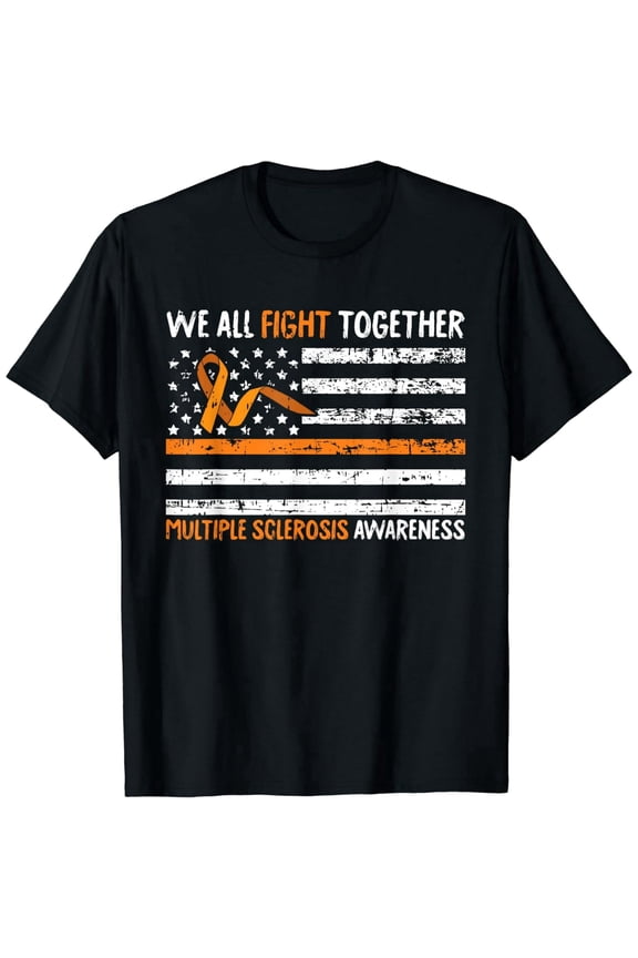 Multiple Sclerosis Awareness MS Warrior Orange Ribbon American Flag Distressed Graphic T-Shirt for Men and Women Support Fighter Tee
