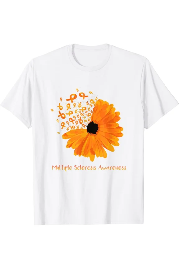 Multiple Sclerosis Awareness Orange Ribbon Flower MS Fighter Support Gift Unisex T-Shirt ,up to size 5XL