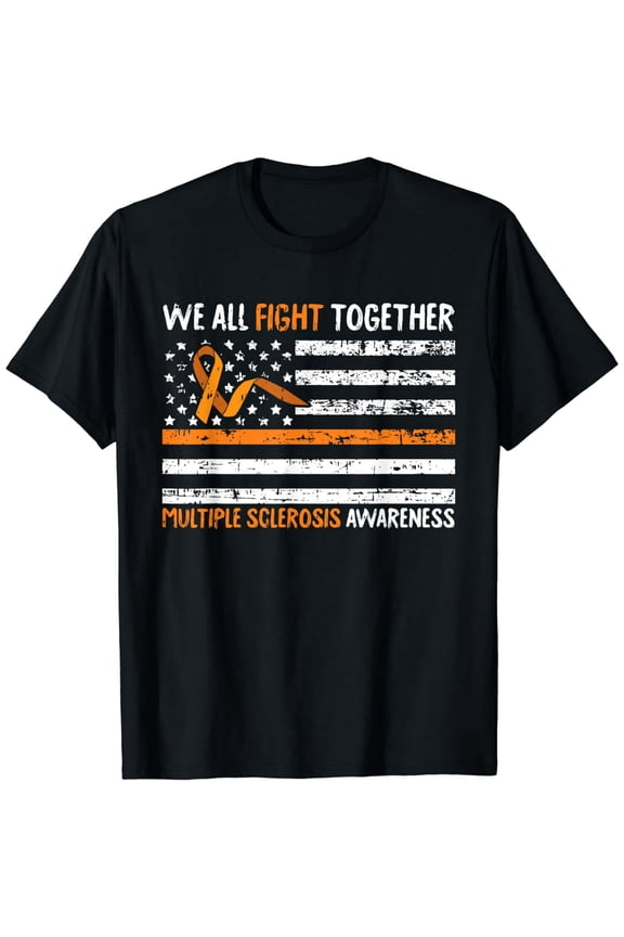 Multiple Sclerosis Awareness T-Shirt, Distressed Flag Graphic, Orange Ribbon Support Gift
