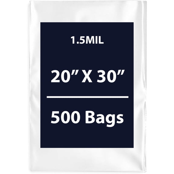 Multiple Sizes Clear Flat Poly Bags - 20"x30" & (500 Bags) 1.5Mil Flat Open Top Plastic Packaging Packing | Flexible and Durable Plastic Bags | Low-Density Polyethylene (LDPE)