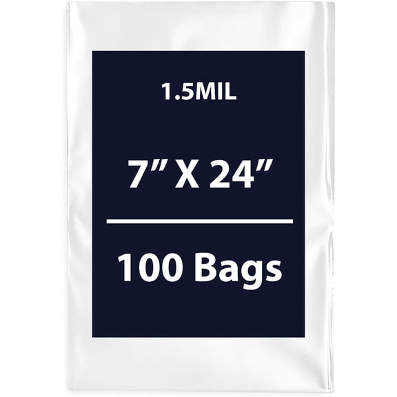 Multiple Sizes Clear Flat Poly Bags - 7"x24" & (100 Bags) 1.5Mil Flat Open Top Plastic Packaging Packing | Flexible and Durable Plastic Bags | Low-Density Polyethylene (LDPE)