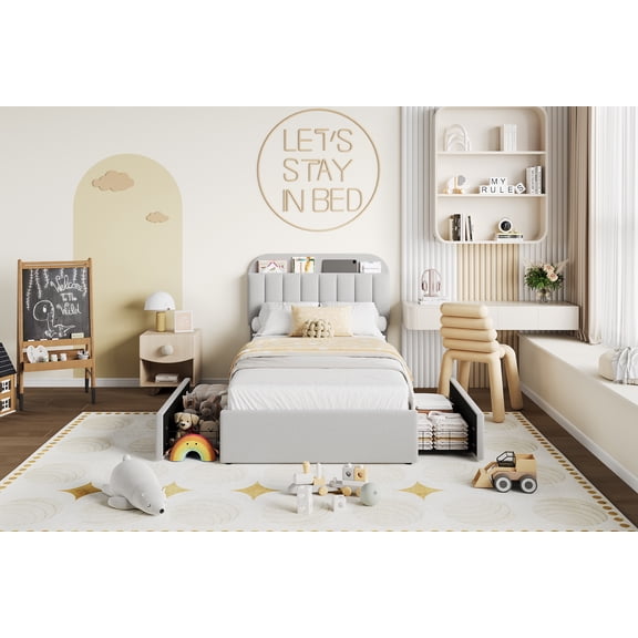 Multiple Sizes Platform Bed Frame with Storage Headboard, Faux Fur Upholstery, 2 Rolling Drawers & Sturdy Wood Slats | No Box Spring Needed, Noise Free